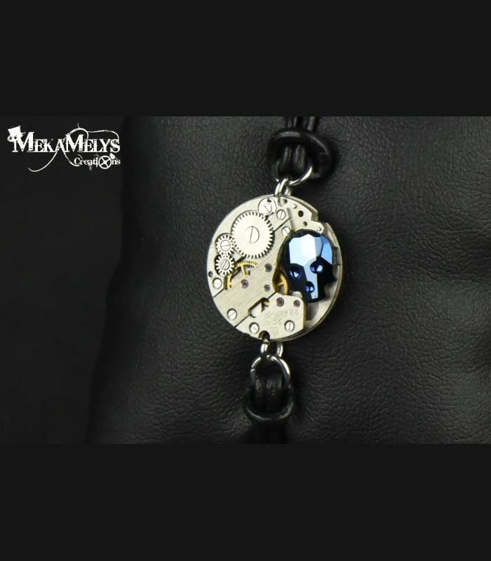 Bracelet mécanique cuir steampunk "memento mori"