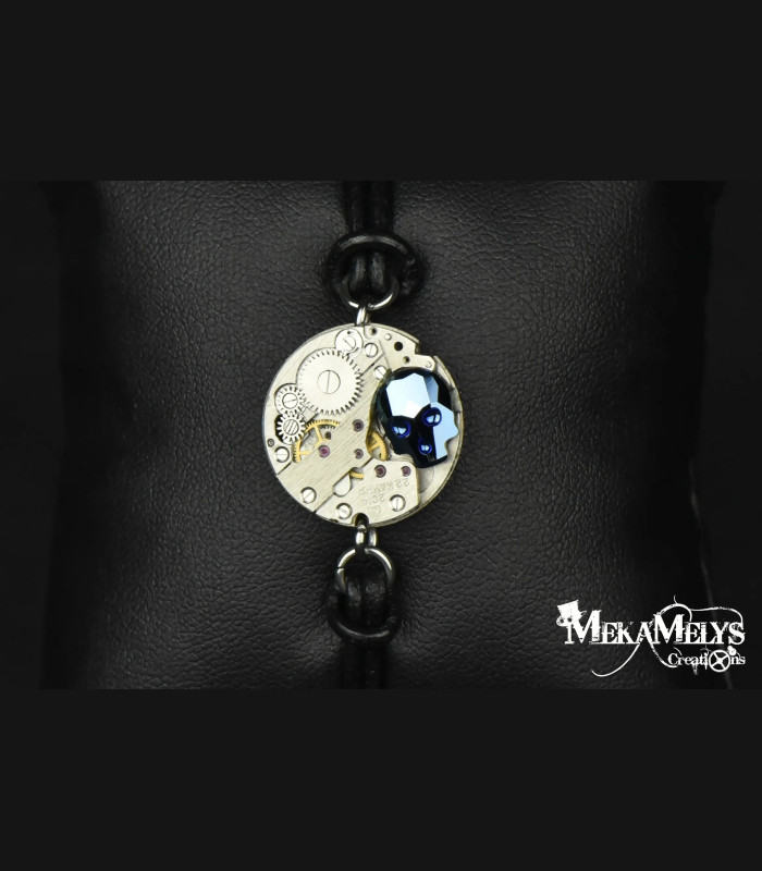 Bracelet mécanique cuir steampunk "memento mori"