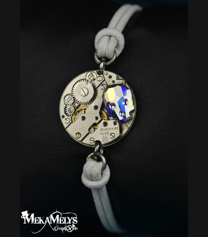 Bracelet mécanique cuir steampunk "memento mori"