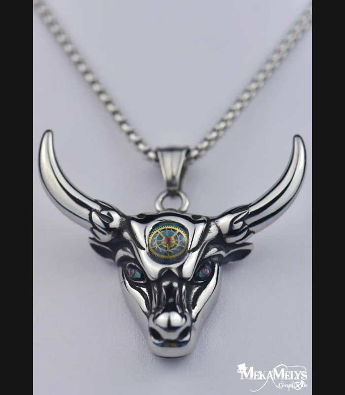 Collier Pendentif Taureau Steampunk Acier Inoxydable