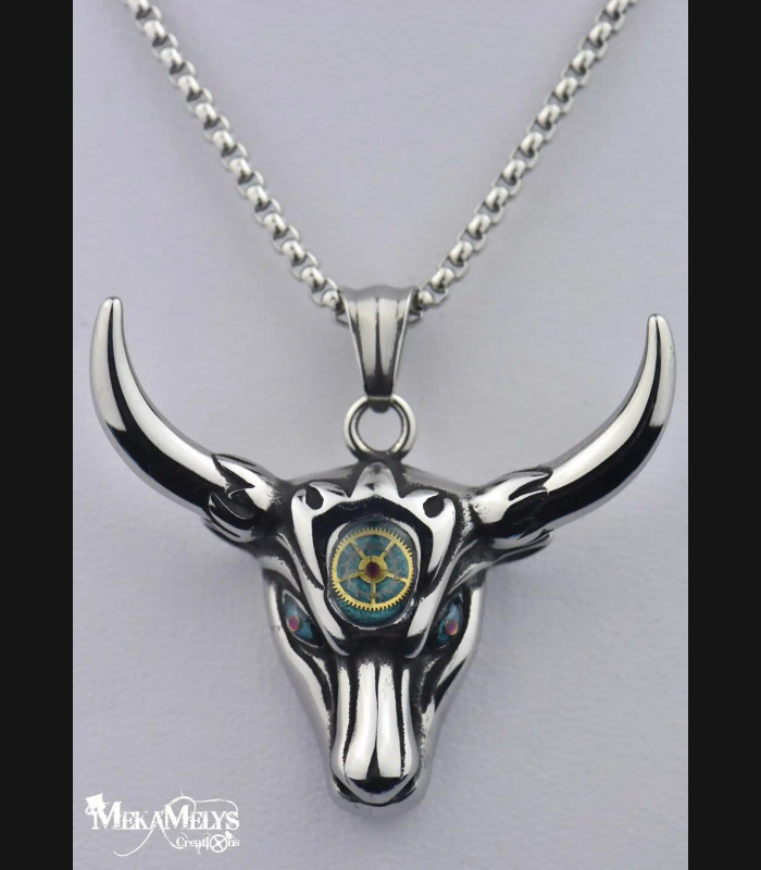 Collier Pendentif Taureau Steampunk Acier Inoxydable