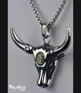 Collier Pendentif Taureau Steampunk Acier Inoxydable