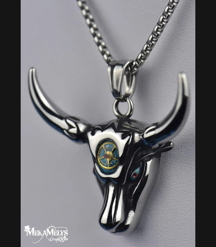 Collier Pendentif Taureau Steampunk Acier Inoxydable