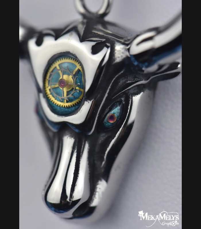 Collier Pendentif Taureau Steampunk Acier Inoxydable