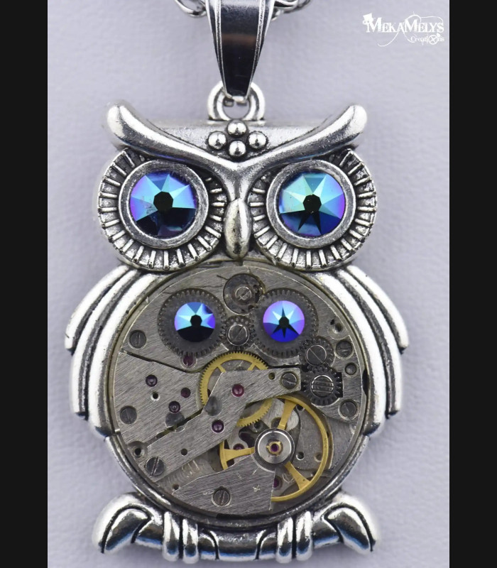 Collier Hibou Steampunk Argenté - Pendentif Mécanique avec Cristaux Swarovski®