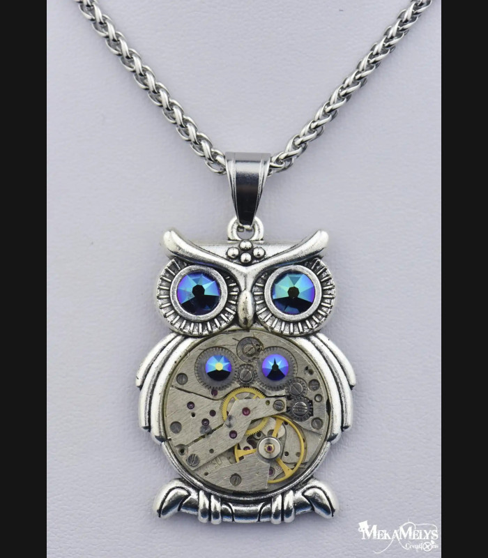 Collier Hibou Steampunk Argenté - Pendentif Mécanique avec Cristaux Swarovski®