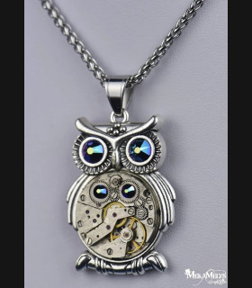 Collier Hibou Steampunk Argenté - Pendentif Mécanique avec Cristaux Swarovski®