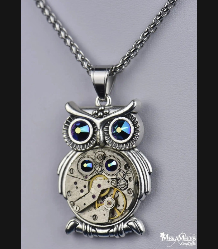 Collier Hibou Steampunk Argenté - Pendentif Mécanique avec Cristaux Swarovski®