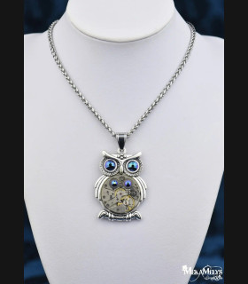 Collier Hibou Steampunk Argenté - Pendentif Mécanique avec Cristaux Swarovski®
