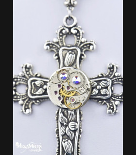 Chapelet Croix Argent Perles Blanches - Bijou Original Steampunk