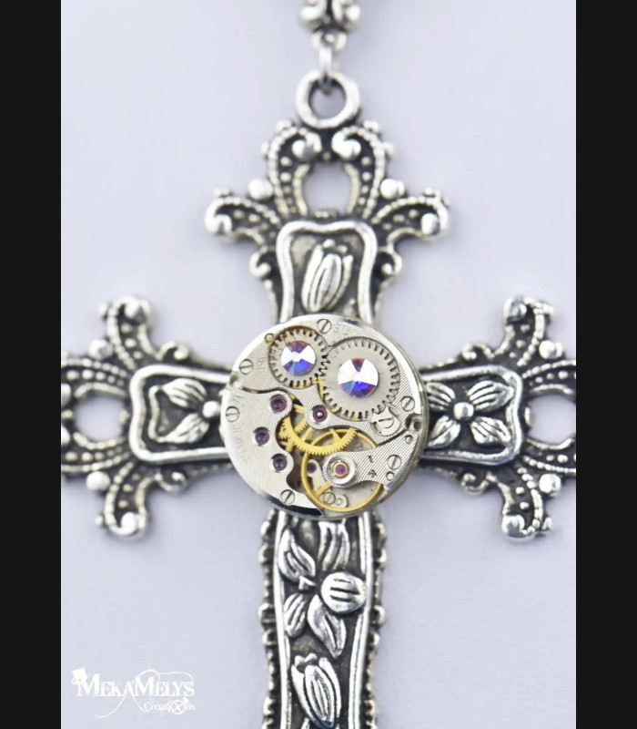 Chapelet Croix Argent Perles Blanches - Bijou Original Steampunk