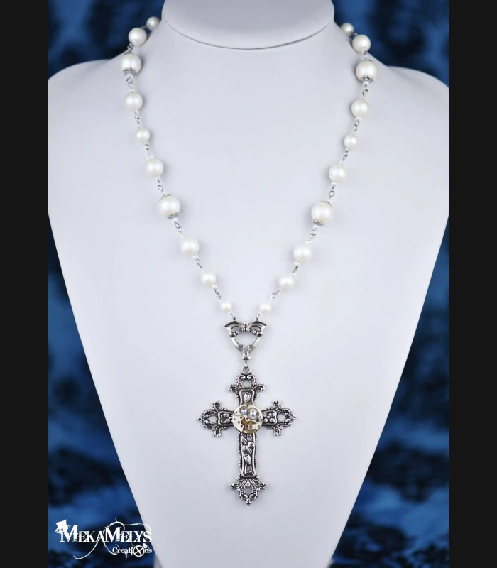 Chapelet Croix Argent Perles Blanches - Bijou Original Steampunk