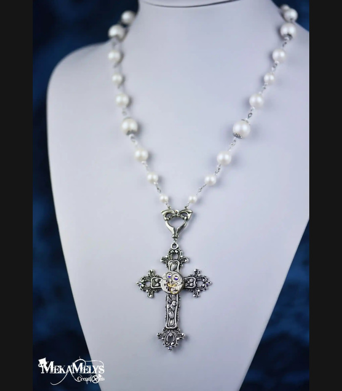 Chapelet Croix Argent Perles Blanches - Bijou Original Steampunk