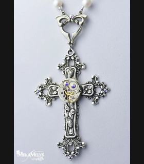 Chapelet Croix Argent Perles Blanches - Bijou Original Steampunk