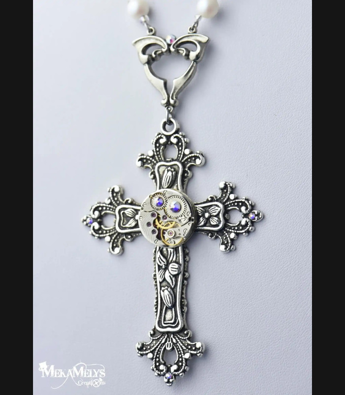 Chapelet Croix Argent Perles Blanches - Bijou Original Steampunk