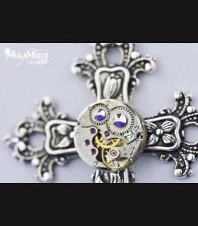 Chapelet Croix Argent Perles Blanches - Bijou Original Steampunk