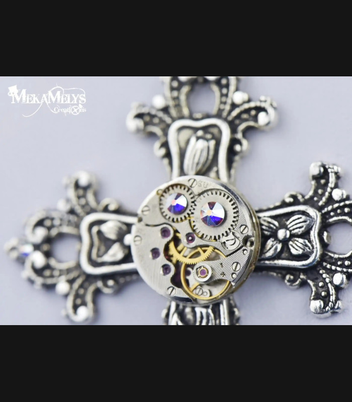 Chapelet Croix Argent Perles Blanches - Bijou Original Steampunk