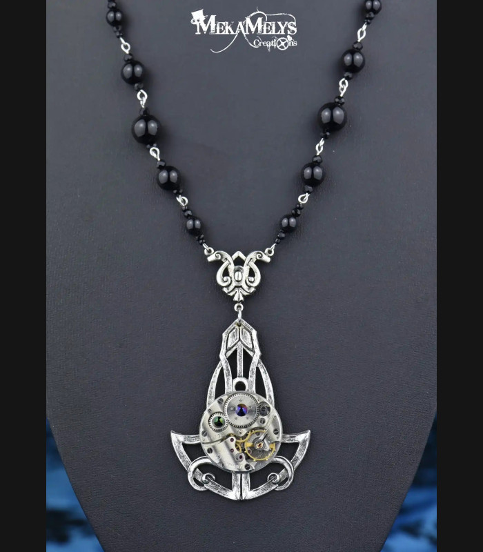Collier Steampunk Noir et argent Inkaras