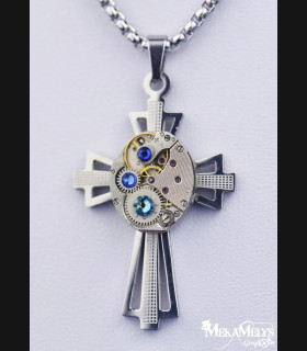 Collier Steampunk Croix Mécanique avec Cristaux Swarovski®