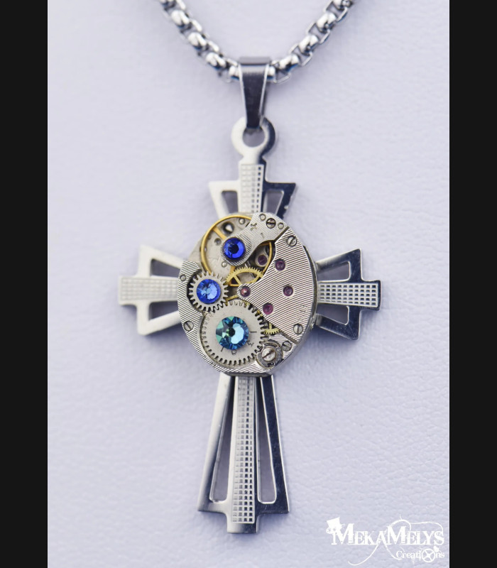 Collier Steampunk Croix Mécanique avec Cristaux Swarovski®