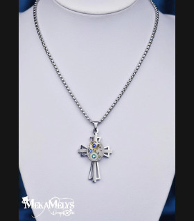 Collier Steampunk Croix Mécanique avec Cristaux Swarovski®