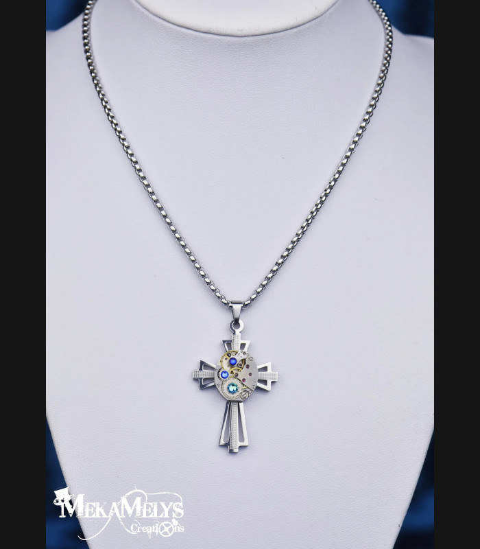 Collier Steampunk Croix Mécanique avec Cristaux Swarovski®