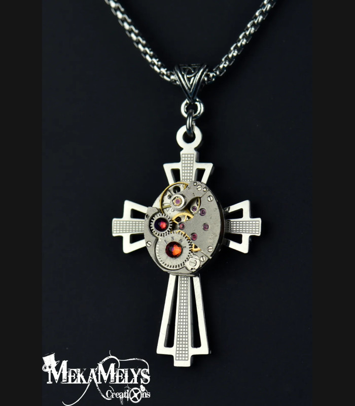 Collier steampunk Croix " la croisée du temps"