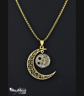 Collier Lune Steampunk - Pendentif Montre Mécanique - Bijou Féminin Unique