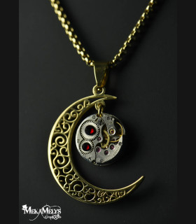 Collier Lune Steampunk - Pendentif Montre Mécanique - Bijou Féminin Unique