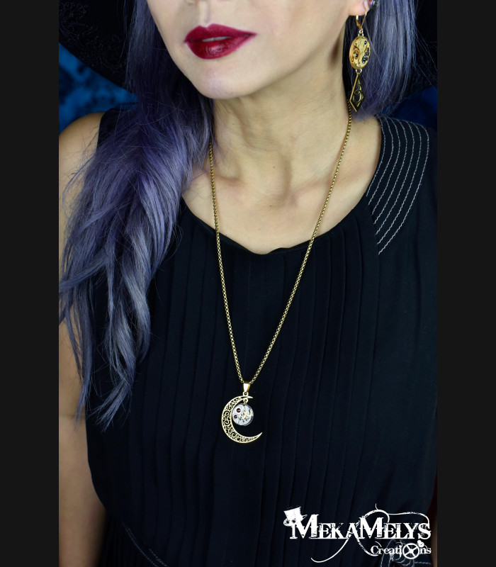 Collier Lune Steampunk - Pendentif Montre Mécanique - Bijou Féminin Unique