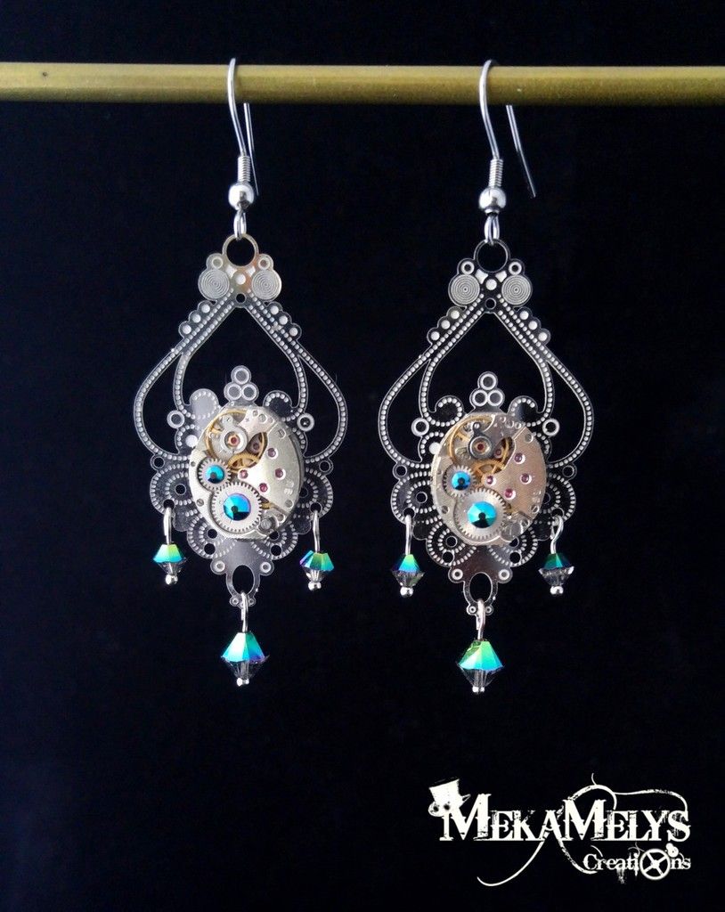 Bijoux mécaniques, boucles d'oreilles avec mécanismes de montres